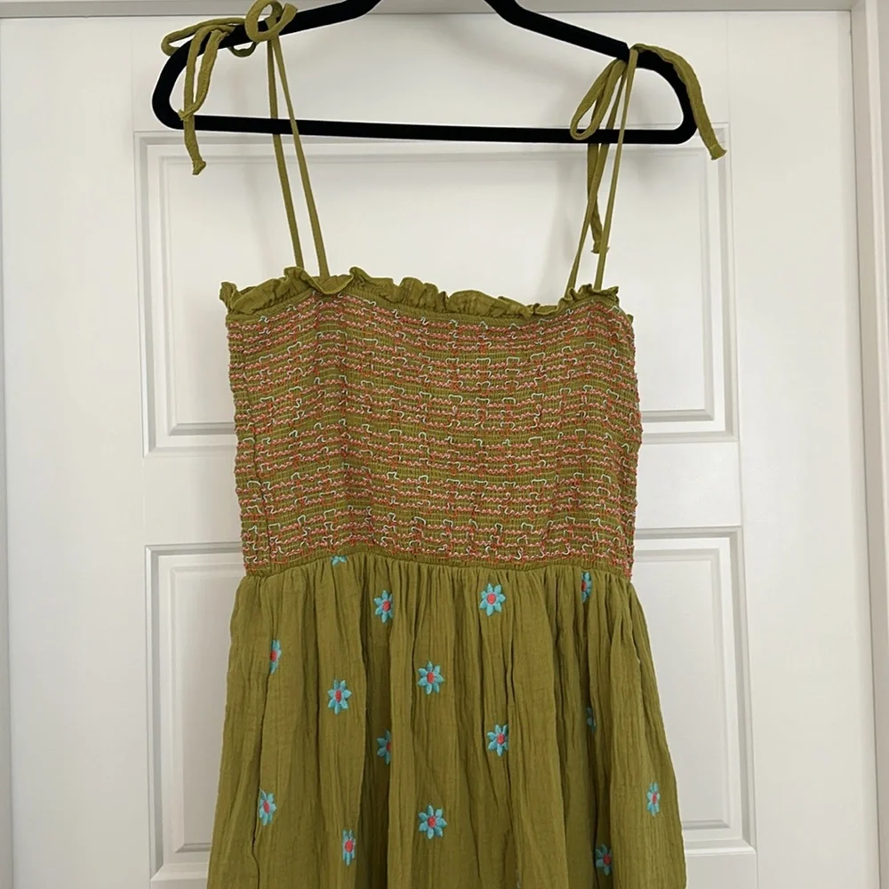 Smocked Tiered Midi Dress in Olive Green - Picture 9 of 10